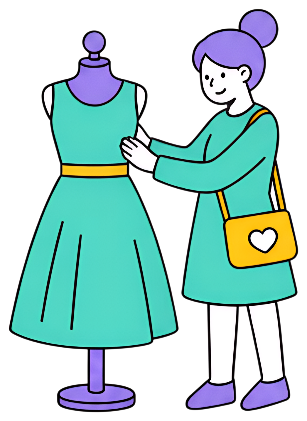 A person with purple hair is examining a turquoise dress on a purple mannequin in a store. The dress features a yellow belt, and the person is wearing a matching turquoise outfit, carrying a yellow, h
