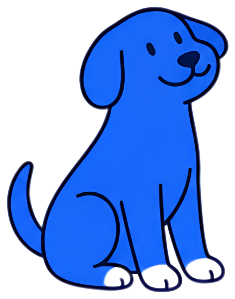 A cartoon-style blue puppy is curled up and sleeping peacefully with its eyes closed. The puppy has white paws and a cheerful expression, set against a simple background, emphasizing its cute features