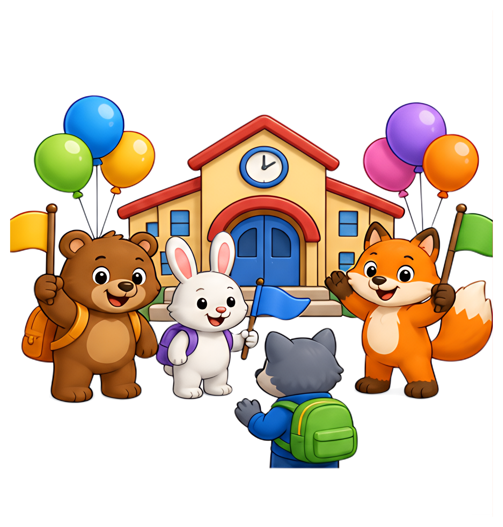 A cheerful scene featuring a bear, rabbit, fox, and wolf welcoming a new student at a school entrance. The animals are holding colorful balloons and flags, creating a festive atmosphere. The school is