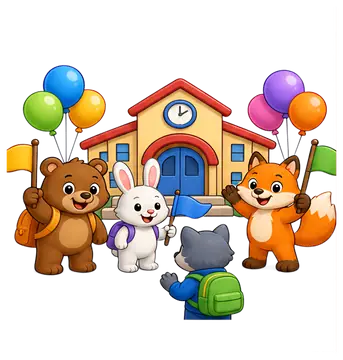 A cheerful scene featuring a bear, rabbit, fox, and wolf welcoming a new student at a school entrance. The animals are holding colorful balloons and flags, creating a festive atmosphere. The school is