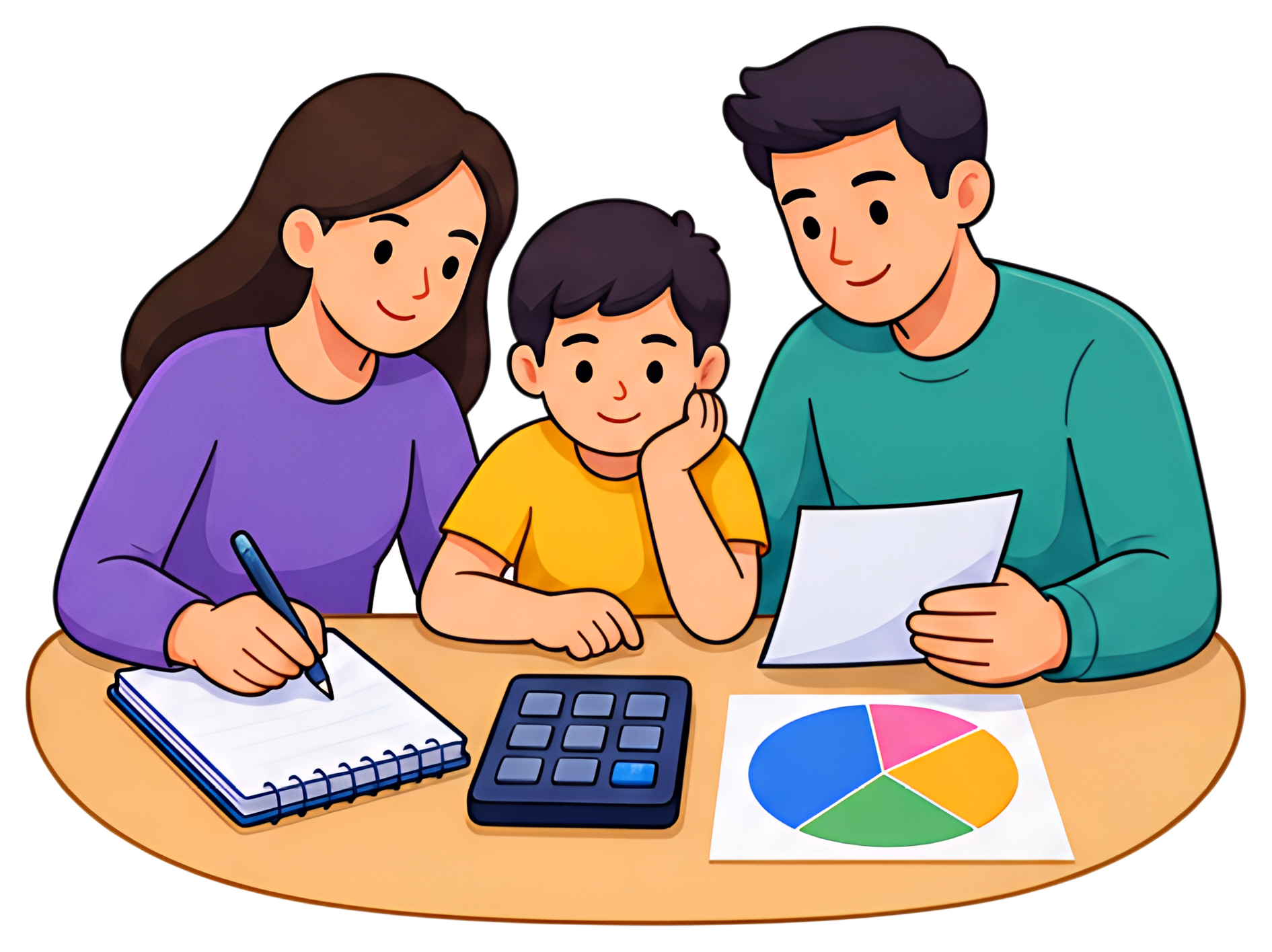 A family sits around a table engaged in budget planning. The scene features a mother, father, and child looking at documents and a calculator, with a pie chart and notebook visible on the table. The U
