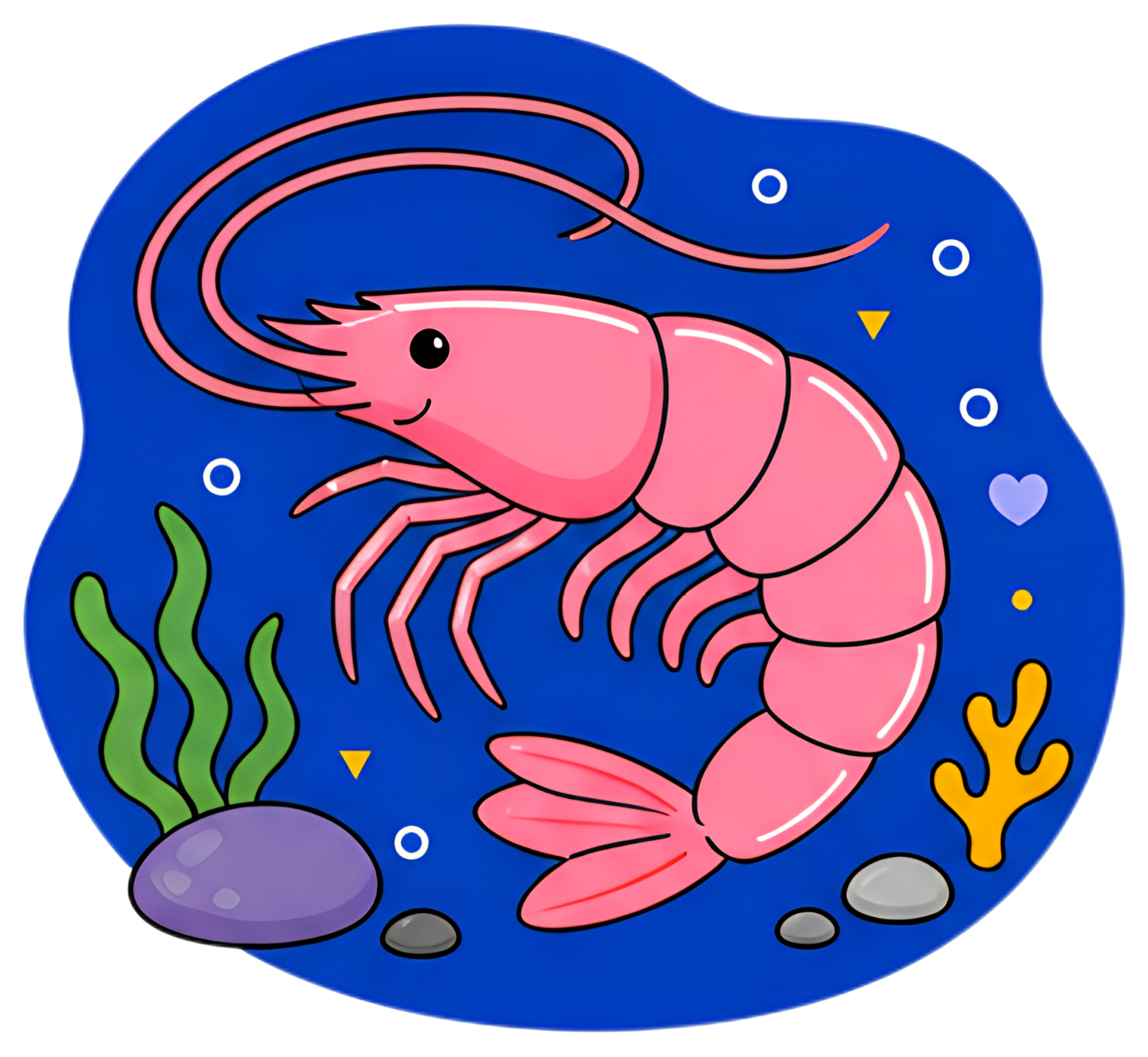 A cheerful pink shrimp with a curved body and antennae is depicted against a vibrant blue ocean background. Surrounding it are colorful corals and rocks, adding a lively underwater scene to the image.