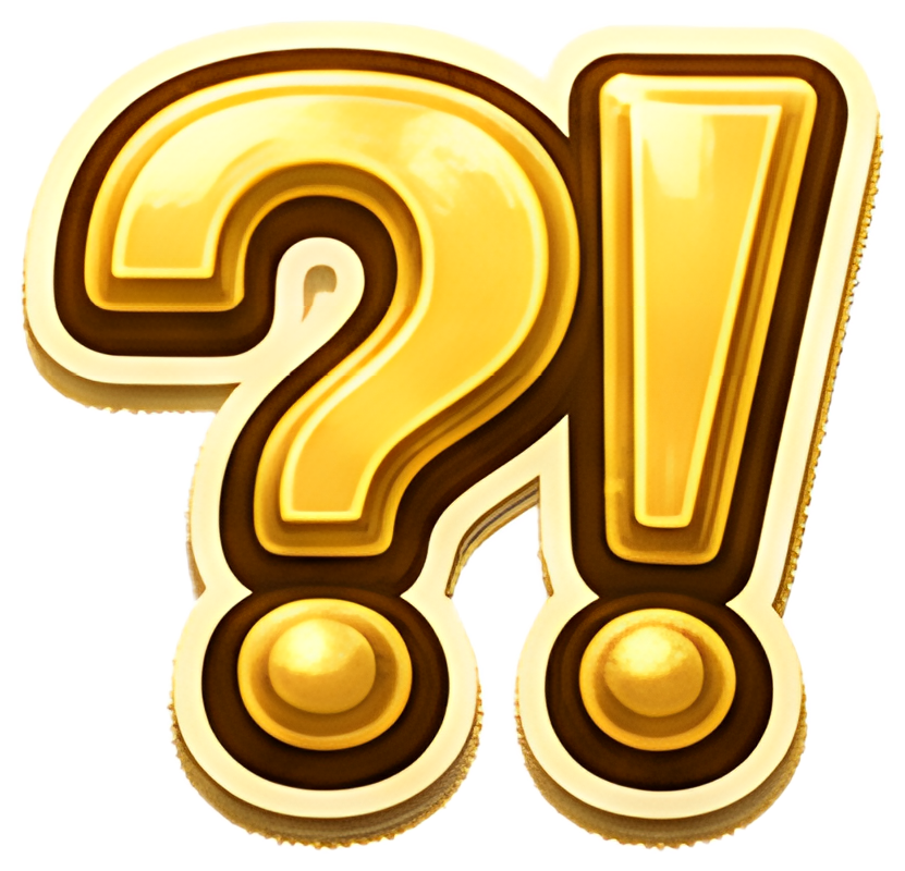 A striking icon featuring a question mark and exclamation mark intertwined, both in a shiny gold hue with bold outlines. Adding depth, two golden spheres rest below the symbols, enhancing the quest or