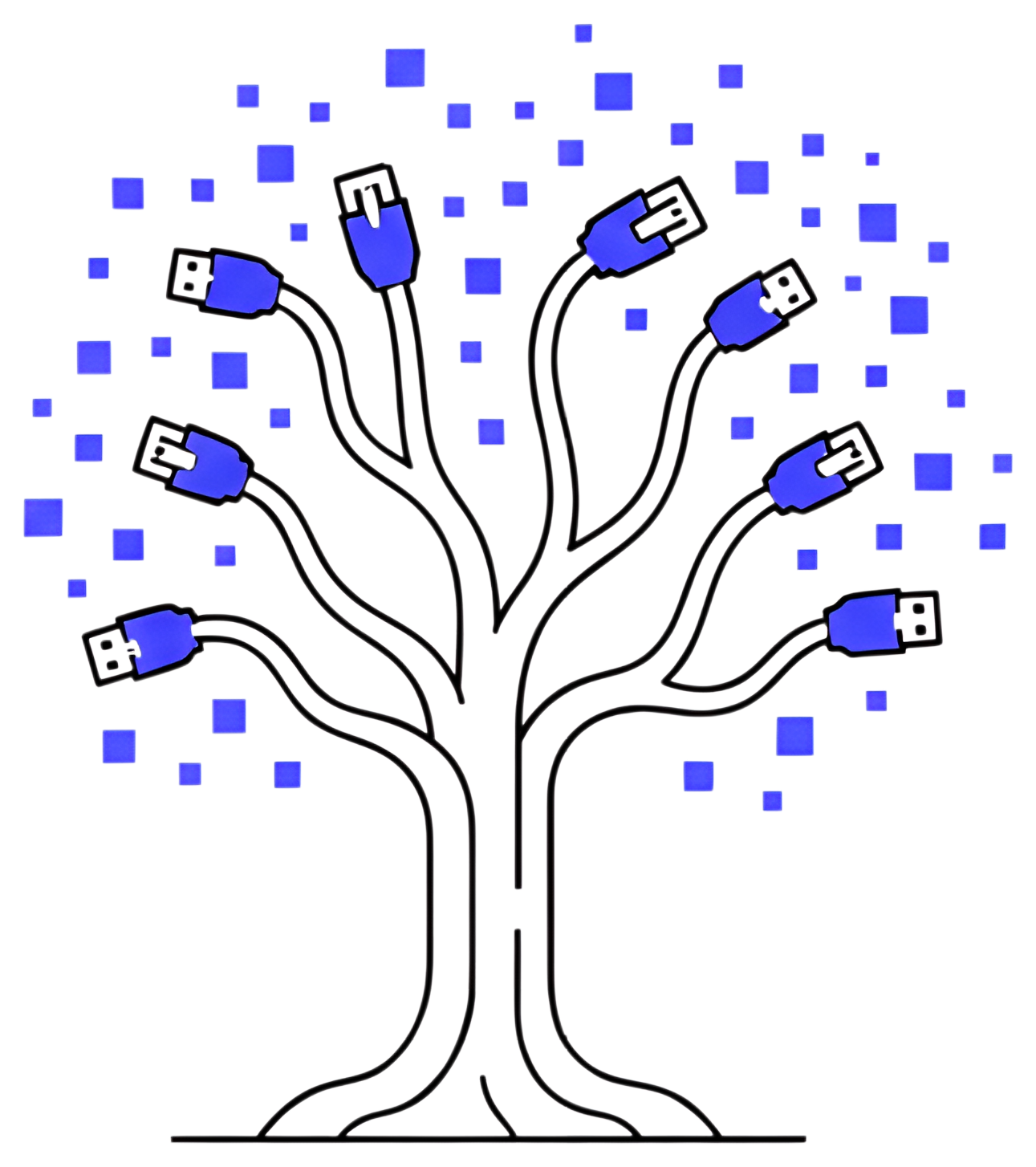 A stylized tree with branches resembling network cables, each ending in blue connectors. Pixel-like squares in various shades of blue float around the branches, creating a tech-inspired aesthetic on a