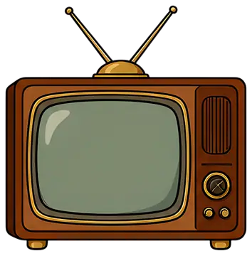 A vintage television set featuring a convex screen and retractable antennas on top. The wooden exterior is complemented by golden accents, while the screen displays a muted green hue, evoking a sense 
