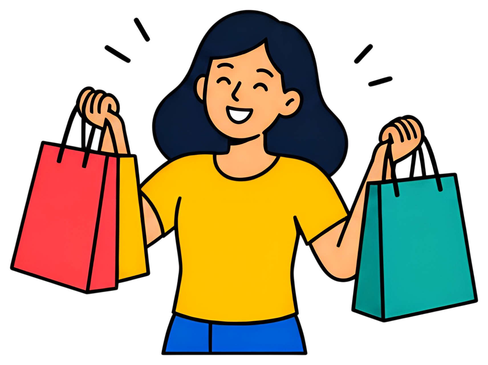 A cheerful customer smiles while holding two shopping bags, one red and one teal. She wears a bright yellow shirt and blue pants, with expressive lines and a fun, lively style that captures the joy of