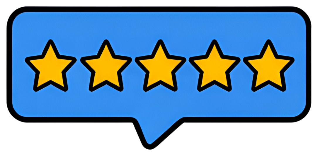 A vibrant blue speech bubble features five distinct yellow stars within it, outlined in black, representing a star rating review. The design is simple and visually engaging, ideal for feedback or评价.