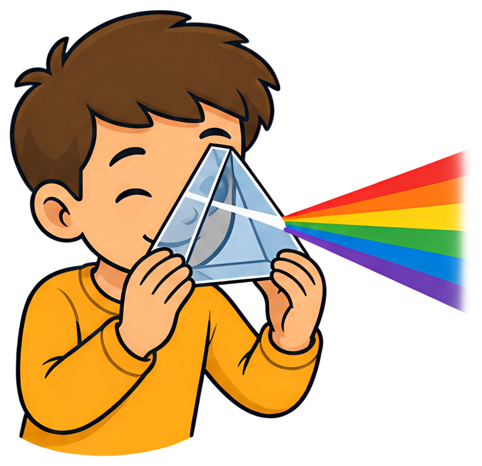 A cheerful child holds a prism up to their face, eyes closed, as a vibrant rainbow beams out from the prism. The child is wearing an orange sweater, accentuating the joyful atmosphere of the scene.