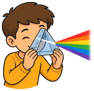 A cheerful child holds a prism up to their face, eyes closed, as a vibrant rainbow beams out from the prism. The child is wearing an orange sweater, accentuating the joyful atmosphere of the scene.