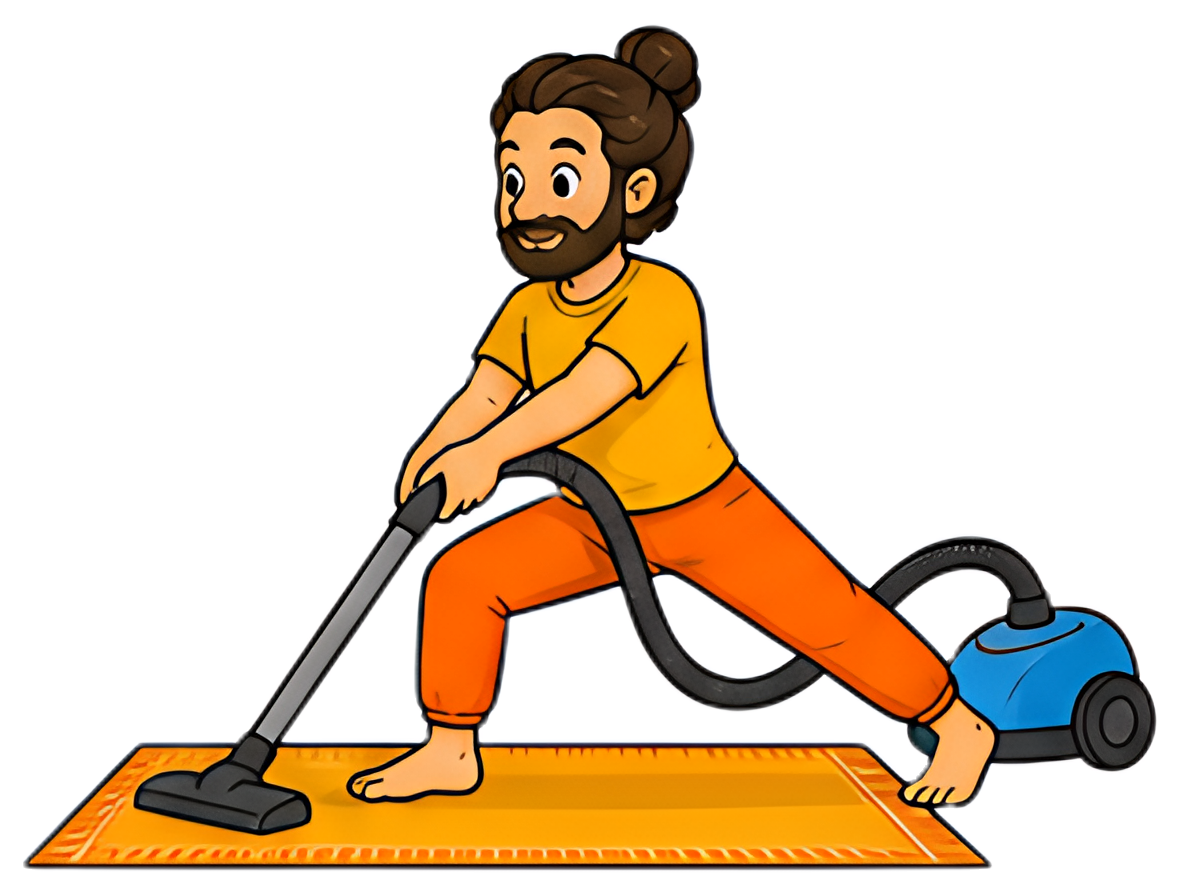 A yoga teacher in a warrior pose is vacuuming a carpet while wearing bright orange pants and a yellow shirt. The vacuum cleaner is blue, and the scene has a playful, cartoonish style.