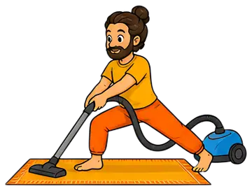 A yoga teacher in a warrior pose is vacuuming a carpet while wearing bright orange pants and a yellow shirt. The vacuum cleaner is blue, and the scene has a playful, cartoonish style.