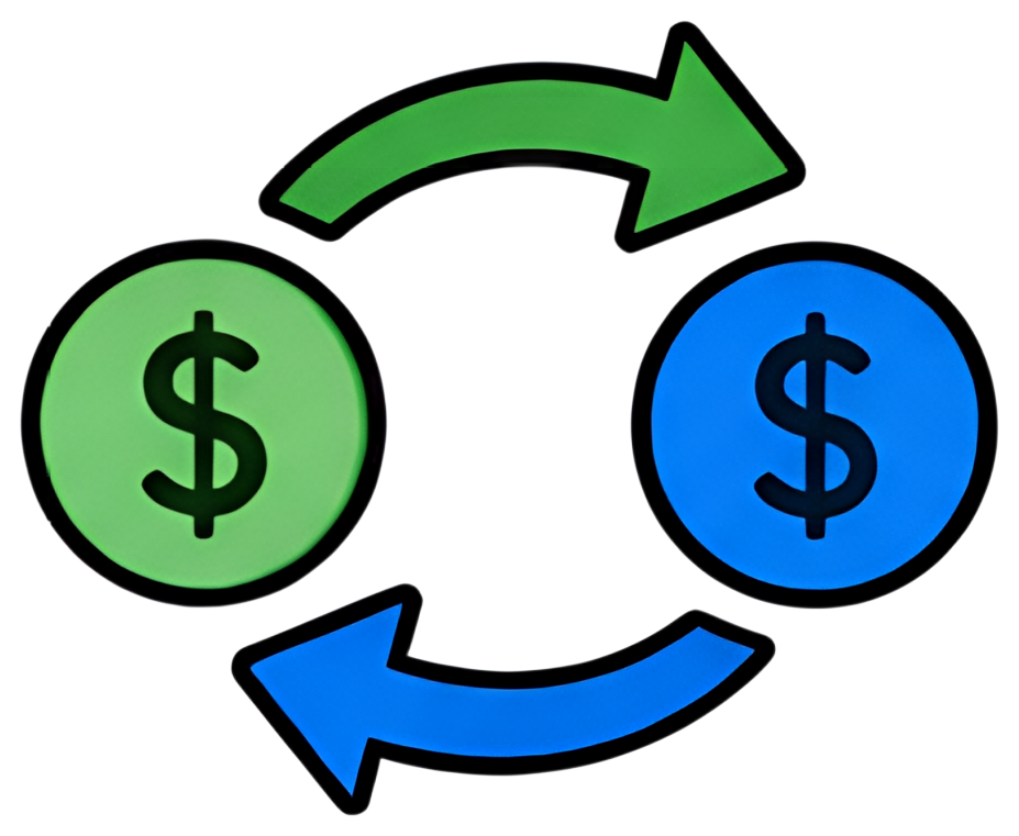 Two circular dollar signs, one green and one blue, with arrows indicating a transfer between them. The green dollar sign represents incoming funds, while the blue dollar sign represents outgoing funds