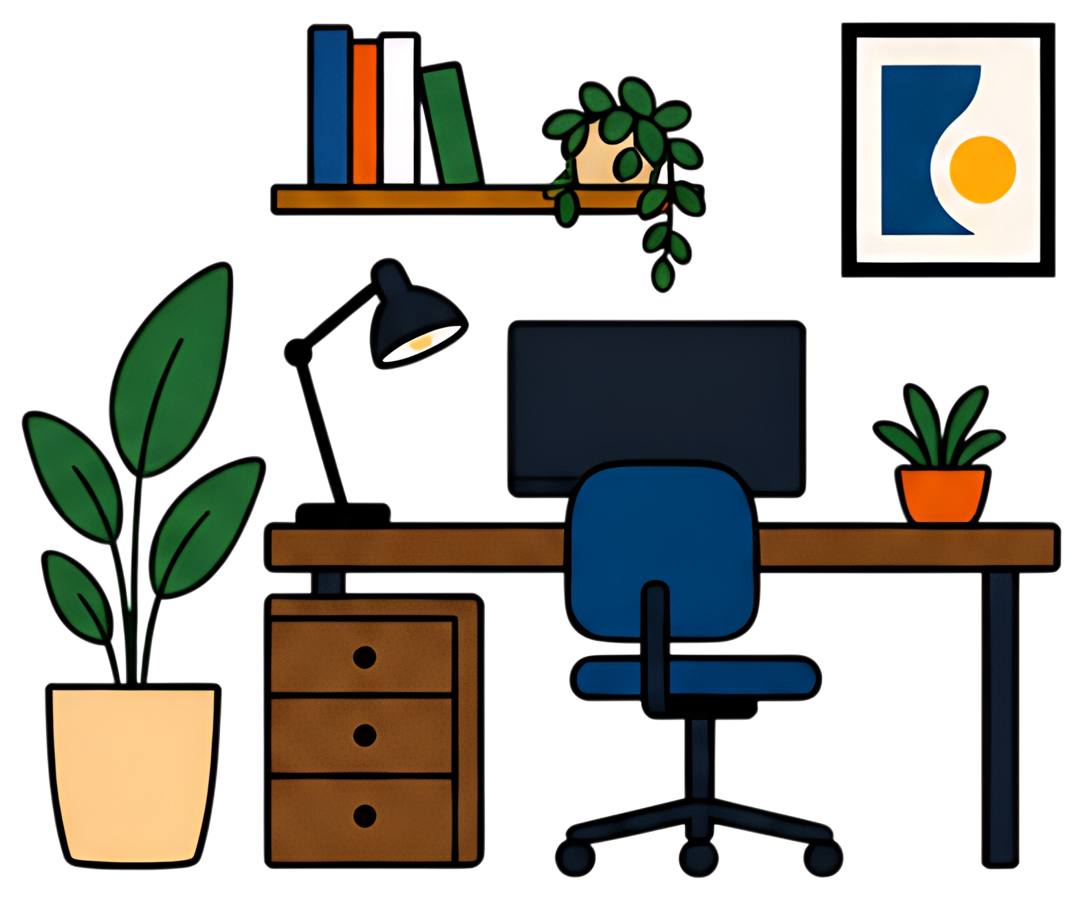 A cozy home office setup featuring a wooden desk, comfortable chair, and computer monitor. Two plants add greenery, accompanied by decorative books on a shelf above. An art print hangs on the wall, ev