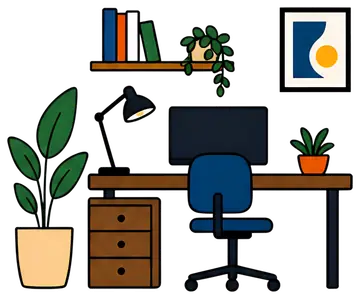A cozy home office setup featuring a wooden desk, comfortable chair, and computer monitor. Two plants add greenery, accompanied by decorative books on a shelf above. An art print hangs on the wall, ev