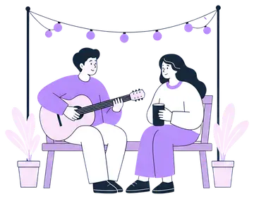 Two characters sit on a bench under a string of lights, one playing a guitar while the other holds a thermos. The scene captures a cozy atmosphere with pastel colors and potted plants in the backdrop.
