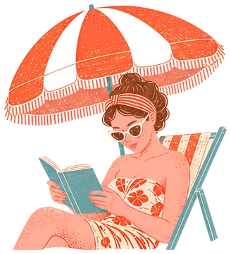Retro Woman Reading Under a Striped Umbrella