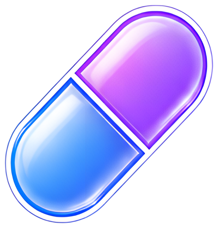 A shiny capsule divided into two halves, one purple and one blue, with a sleek, reflective surface. The edges are outlined in white, accentuating its shape against a transparent background.