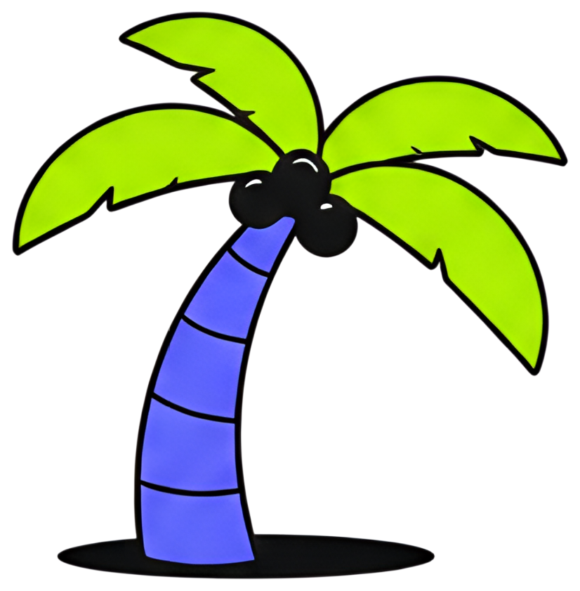 A stylized palm tree silhouette features three bright green fronds atop a curved blue trunk, with black accents. The design is flat and minimal, emphasizing the tree's clean shape against a solid dark