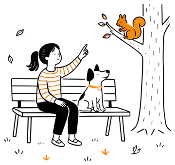 Girl with dog watching squirrel