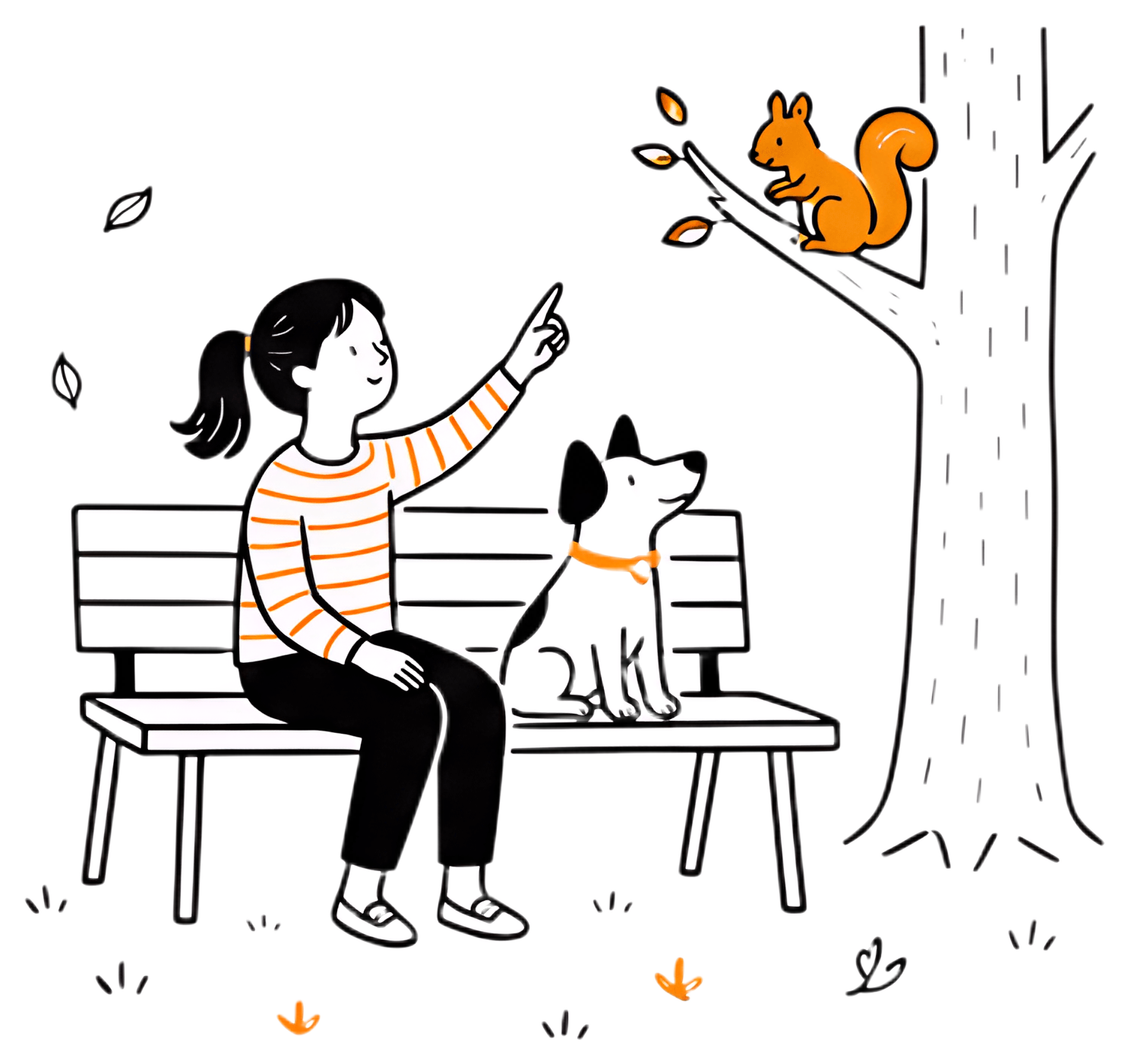 A girl with a ponytail, wearing a striped orange and white shirt, sits on a bench in a park with her black and white dog. She is pointing at a squirrel perched on a branch above, surrounded by autumn-