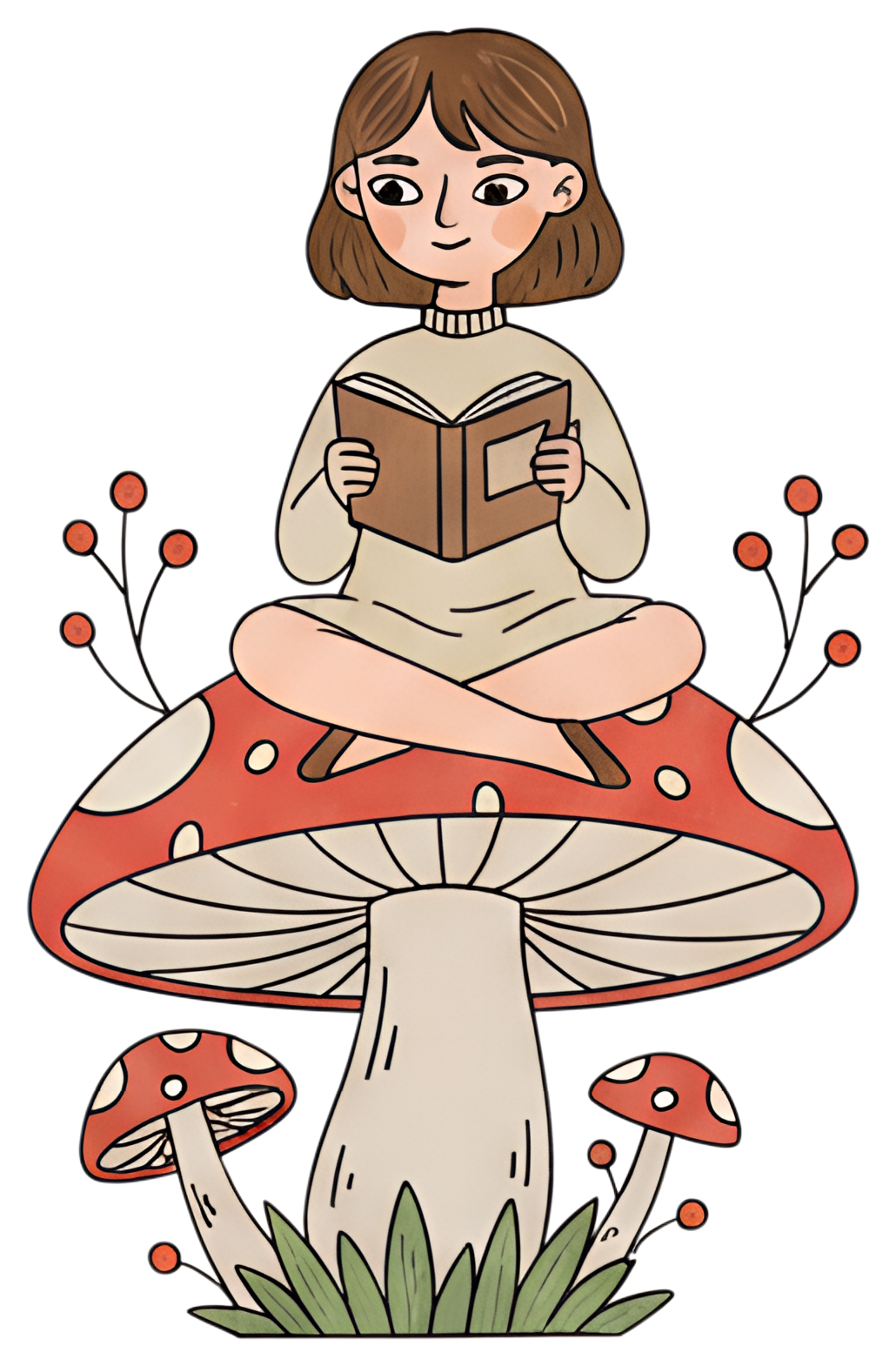 A cartoon character with brown hair sits cross-legged atop a large red and white mushroom, holding a brown book. Surrounding the mushroom are smaller mushrooms and green grass, contributing to a fancy