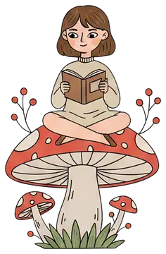 Cartoon Character Reading on a Giant Mushroom