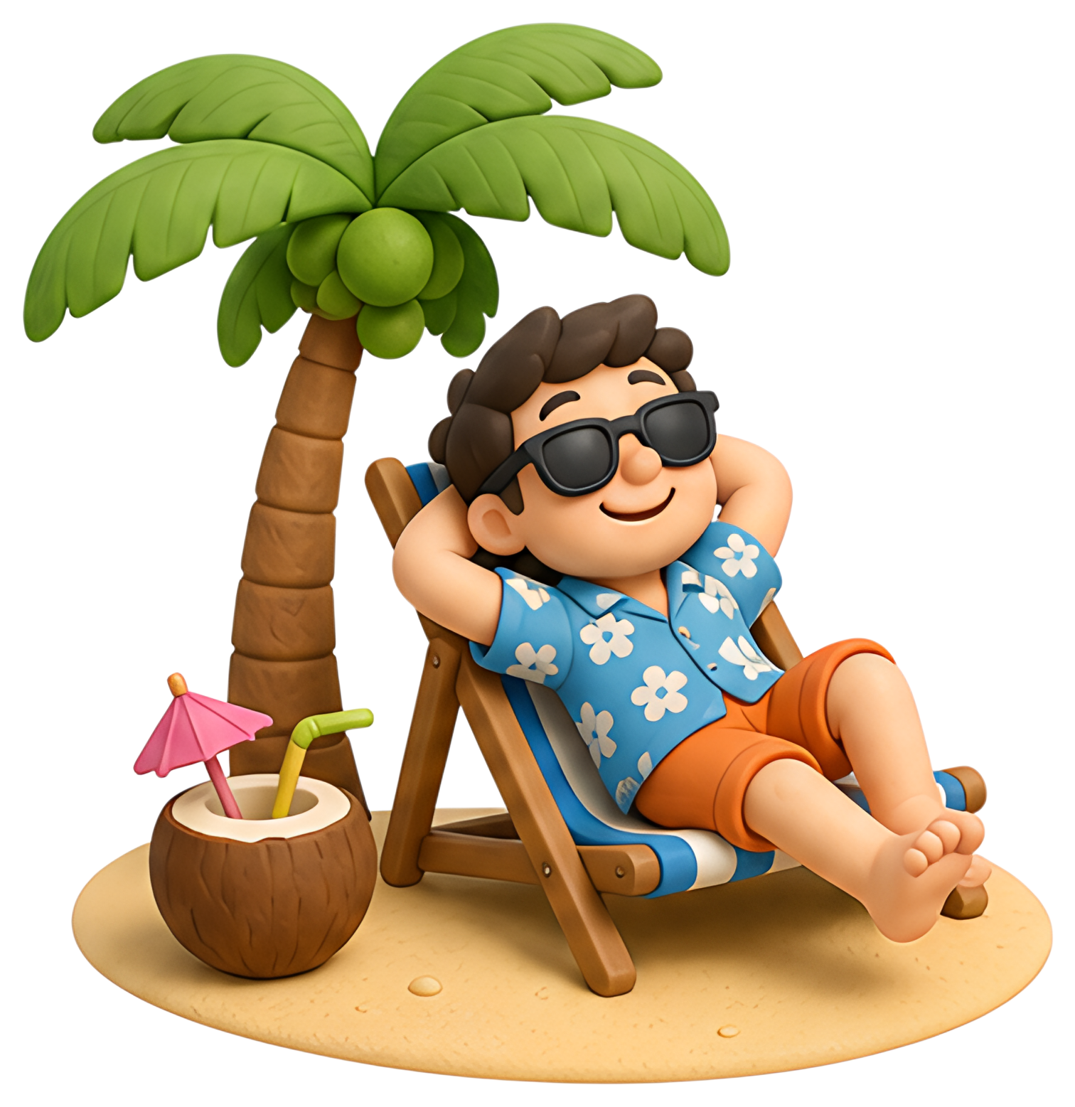 A cheerful person sits comfortably in a beach chair under a palm tree, wearing sunglasses and a flower-patterned shirt. Nearby, a coconut drink with a straw and a pink umbrella adds to the tropical in