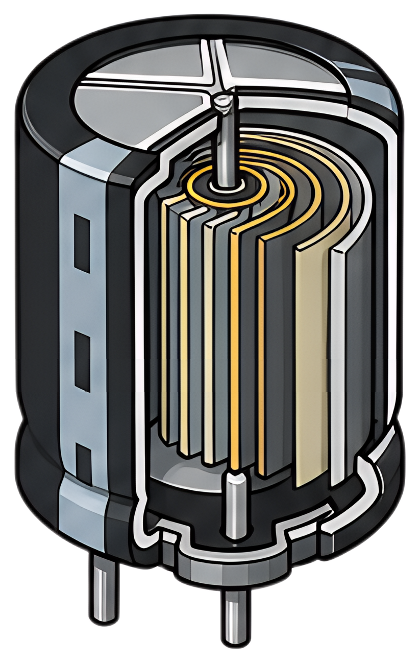 A detailed icon of an electrolytic capacitor showing the layered design of its internal components. The design includes a metallic casing with black, white, and yellow layers indicating different part