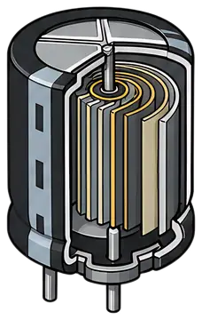 A detailed icon of an electrolytic capacitor showing the layered design of its internal components. The design includes a metallic casing with black, white, and yellow layers indicating different part