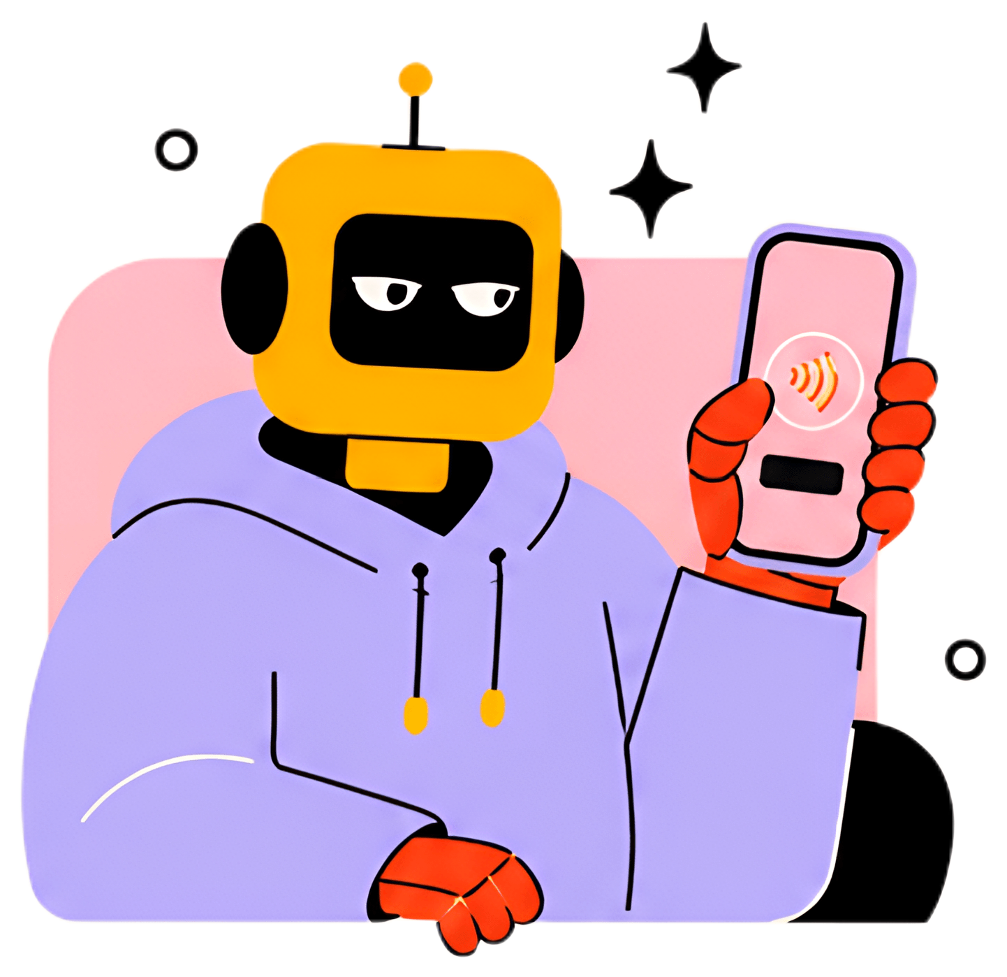 An eccentric robot with a yellow head and black face, dressed in a purple hoodie. It holds a smartphone displaying a payment app, exuding a smug expression. The background features subtle decorative b