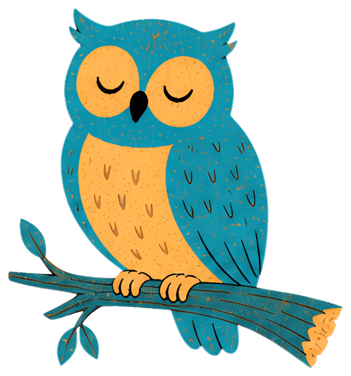 A colorful owl with closed eyes sits serenely on a tree branch, showcasing a striking blue body and a warm yellow belly. The branch features some leaves, complementing the cozy scene.