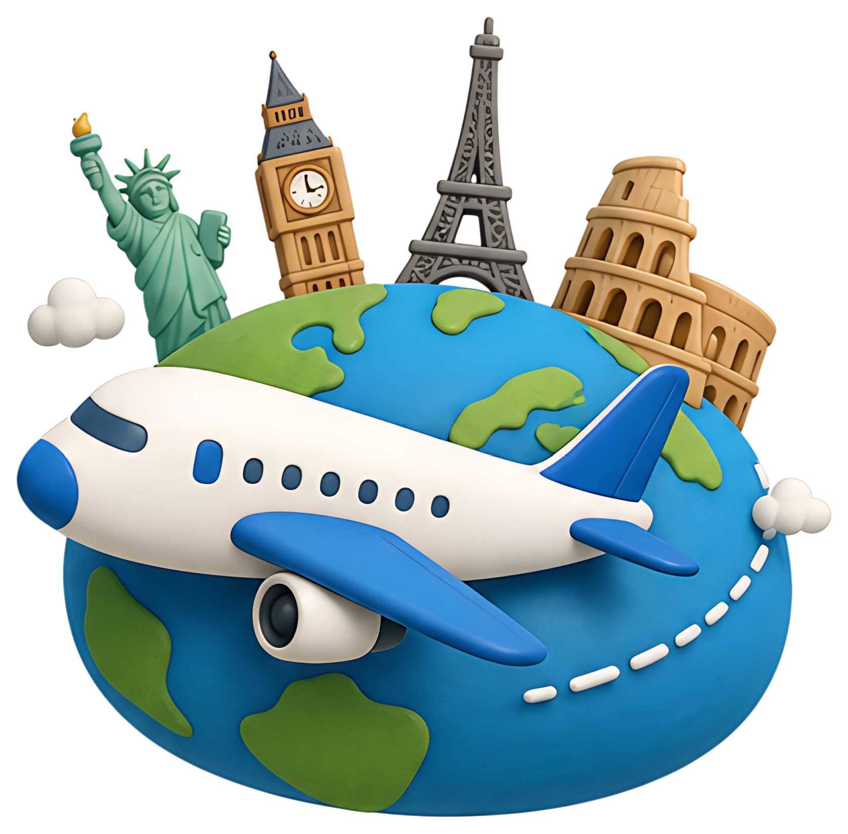 A playful illustration featuring a stylized airplane flying over a globe adorned with famous landmarks like the Statue of Liberty, Big Ben, the Eiffel Tower, and the Colosseum, all rendered in bright,