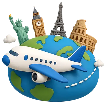 Colorful airplane flying over landmarks