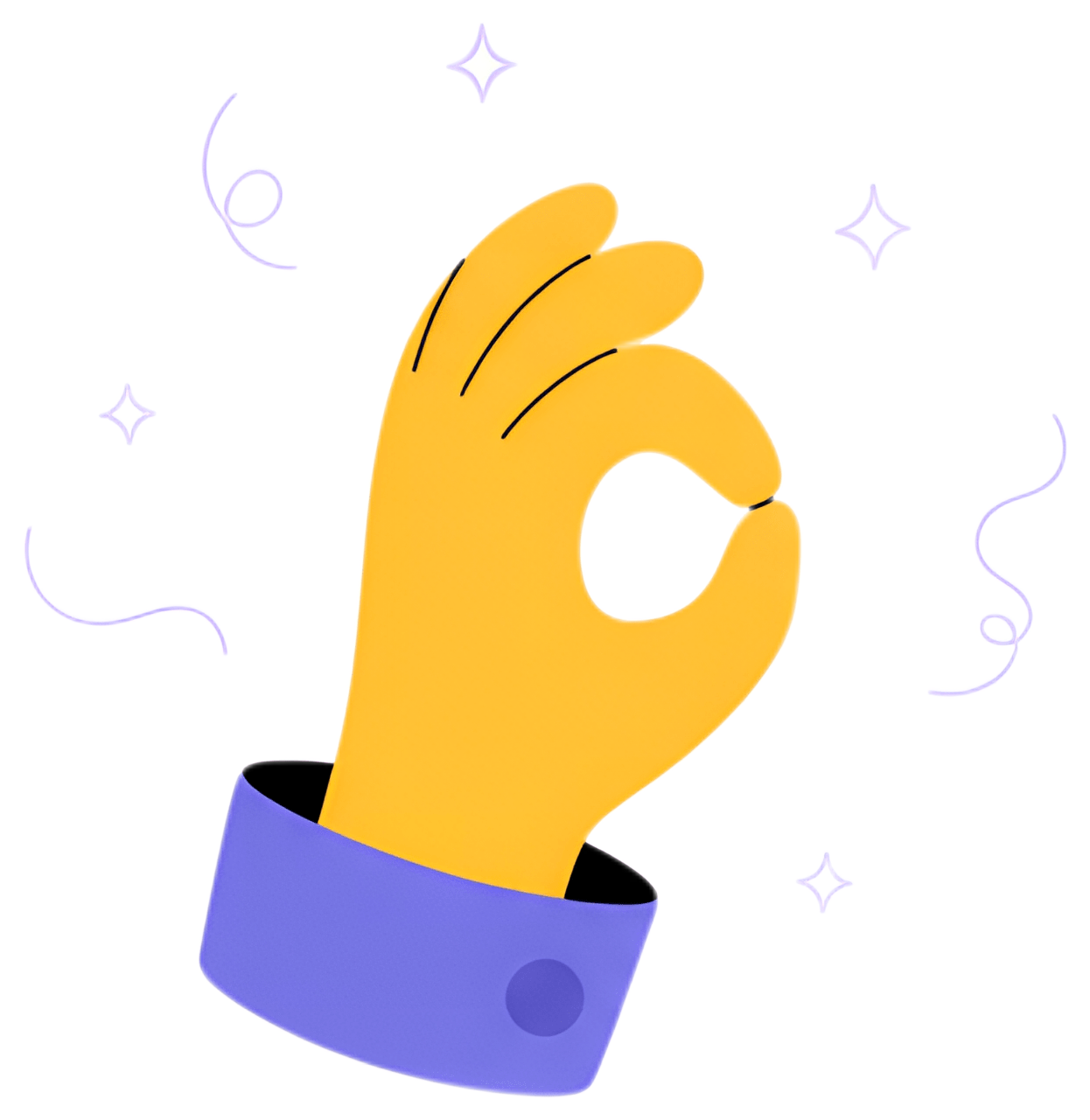 A bright yellow hand making the 'okay' gesture, where the thumb and index finger form a circle while the other fingers are curled inwards. The hand is adorned with a purple cuff and is surrounded by a