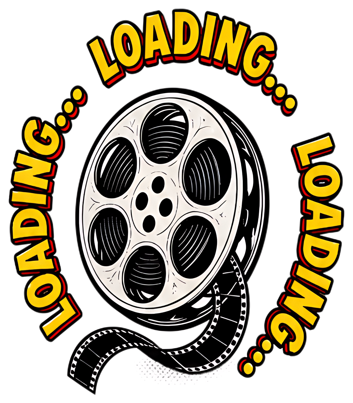 A stylized film reel spins with the repeated text 'LOADING...' in vibrant yellow and red. The reel is detailed in black and grey, showcasing its artistic retro design. The dramatic text encircles the,