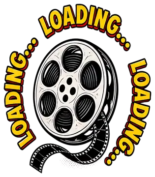 A stylized film reel spins with the repeated text 'LOADING...' in vibrant yellow and red. The reel is detailed in black and grey, showcasing its artistic retro design. The dramatic text encircles the,