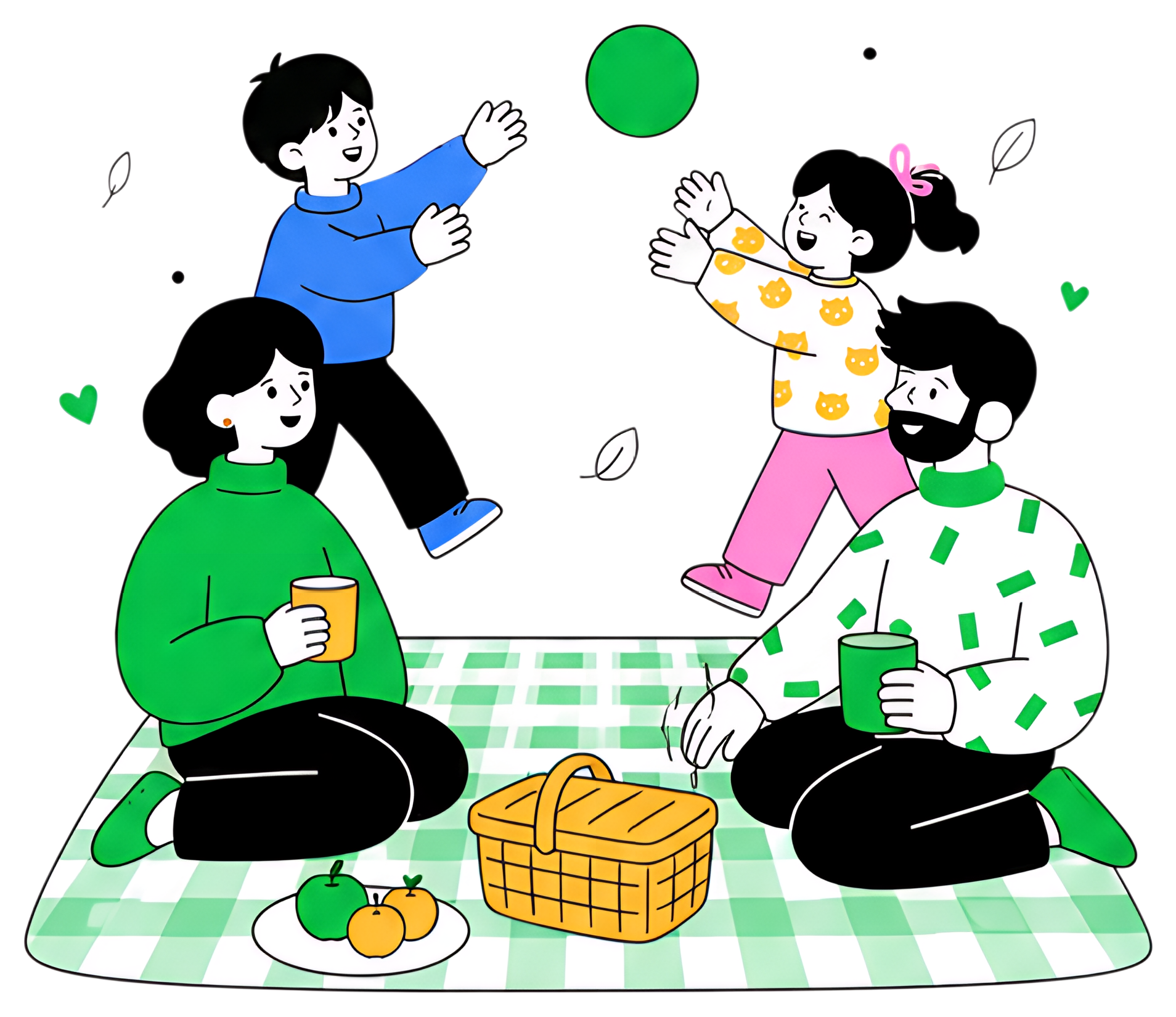 A cheerful family enjoys a picnic in the park, with two children playing with a green ball while the parents sit on a checkered blanket. The scene includes a picnic basket and vibrant fruits on a dish