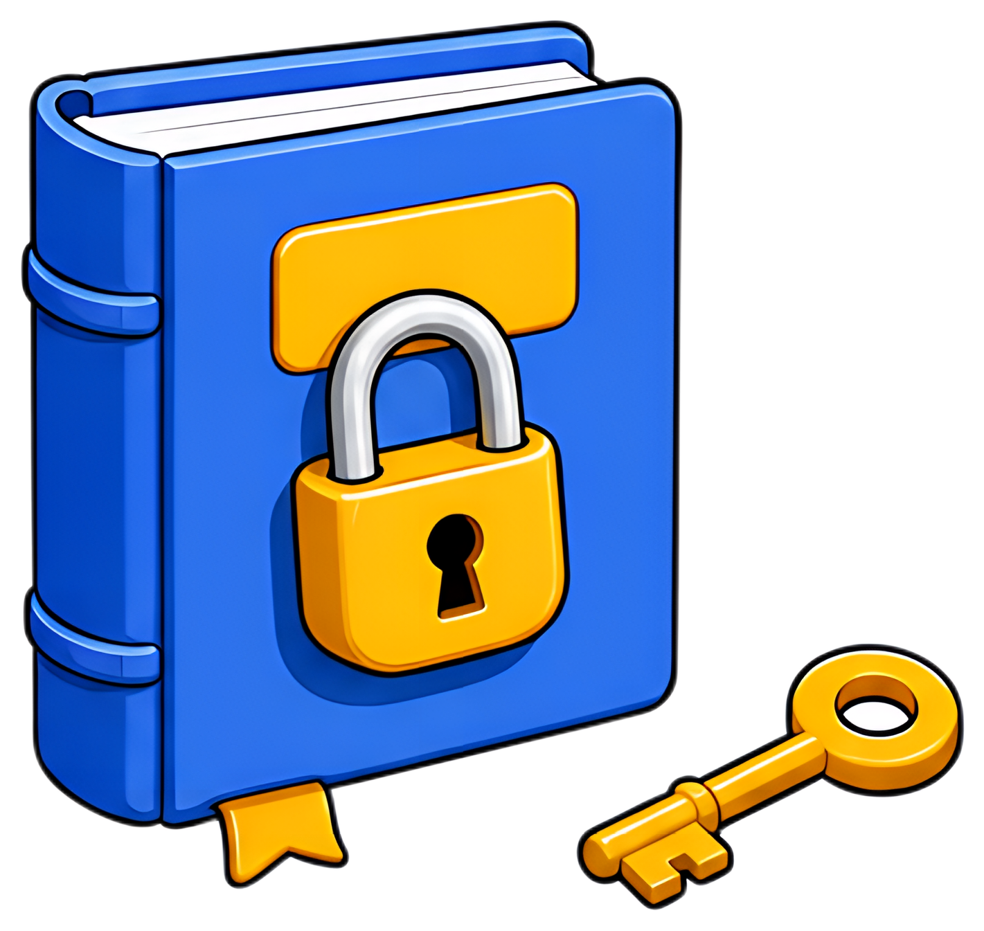A blue book with a hanging lock on its cover, featuring a yellow lock and a small golden key placed next to it. The book has a bookmark ribbon, adding a touch of detail to the design.
