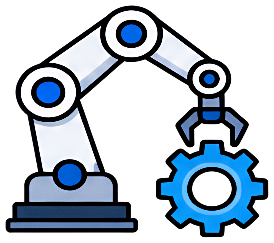 A robotic arm with a sleek design and blue accents is depicted holding a blue gear icon. The arm features articulated joints and a gripper that is delicately interacting with the gear, showcasing a hi