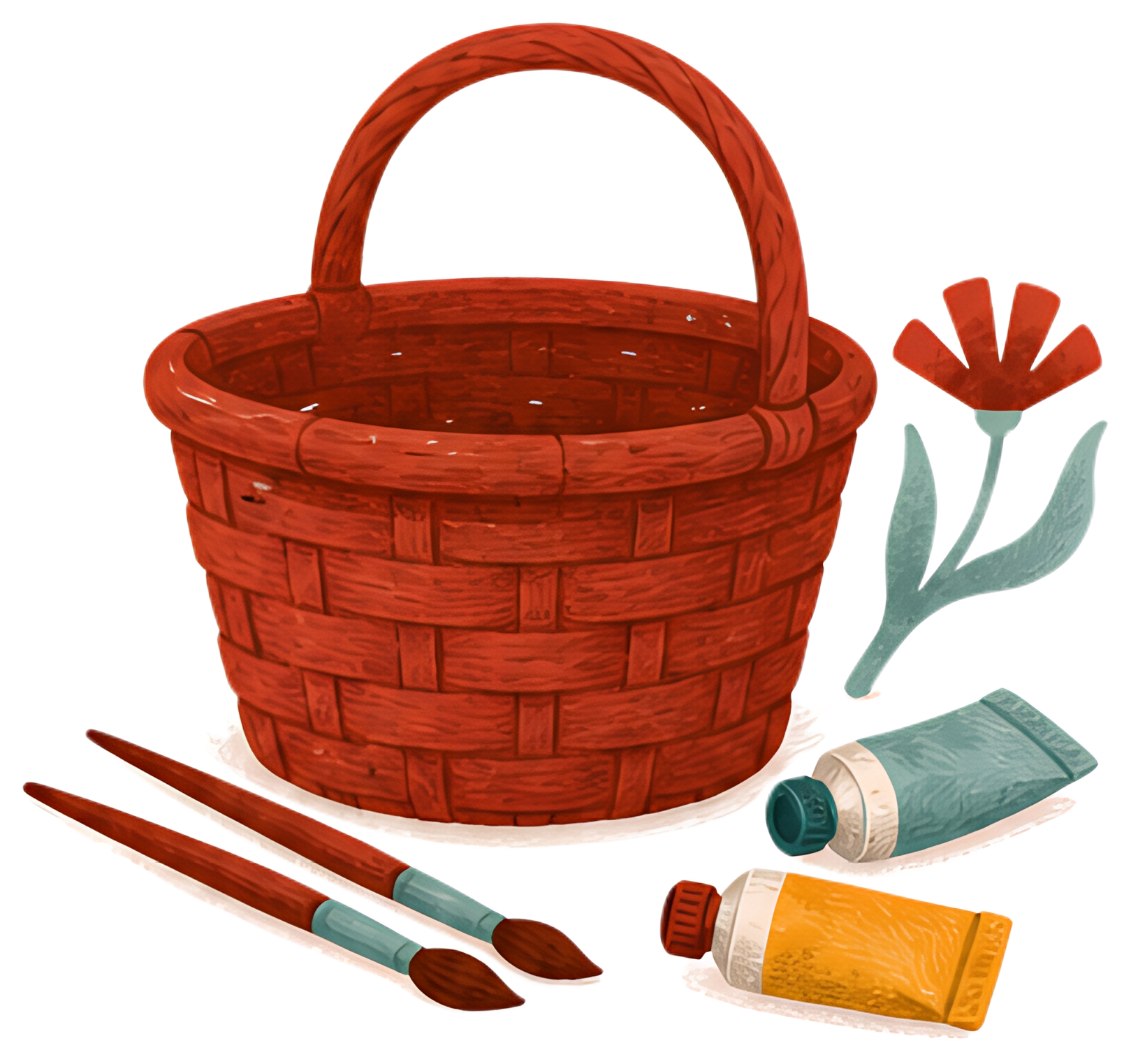 An empty woven basket in a rich red color is central, accompanied by two paint tubes in yellow and teal, and two brushes with red bristles. A stylized flower with green leaves adds a whimsical touch.