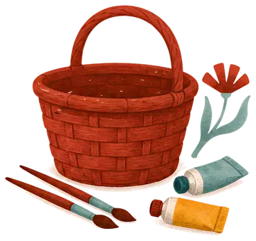 An empty woven basket in a rich red color is central, accompanied by two paint tubes in yellow and teal, and two brushes with red bristles. A stylized flower with green leaves adds a whimsical touch.