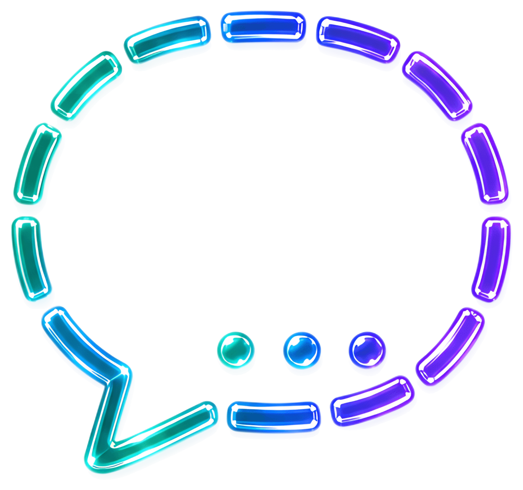 A stylized chat bubble outline formed by a dashed line of colored segments, featuring shades of teal, blue, and purple. The bubble points to the left and includes three circular dots at the base, hint
