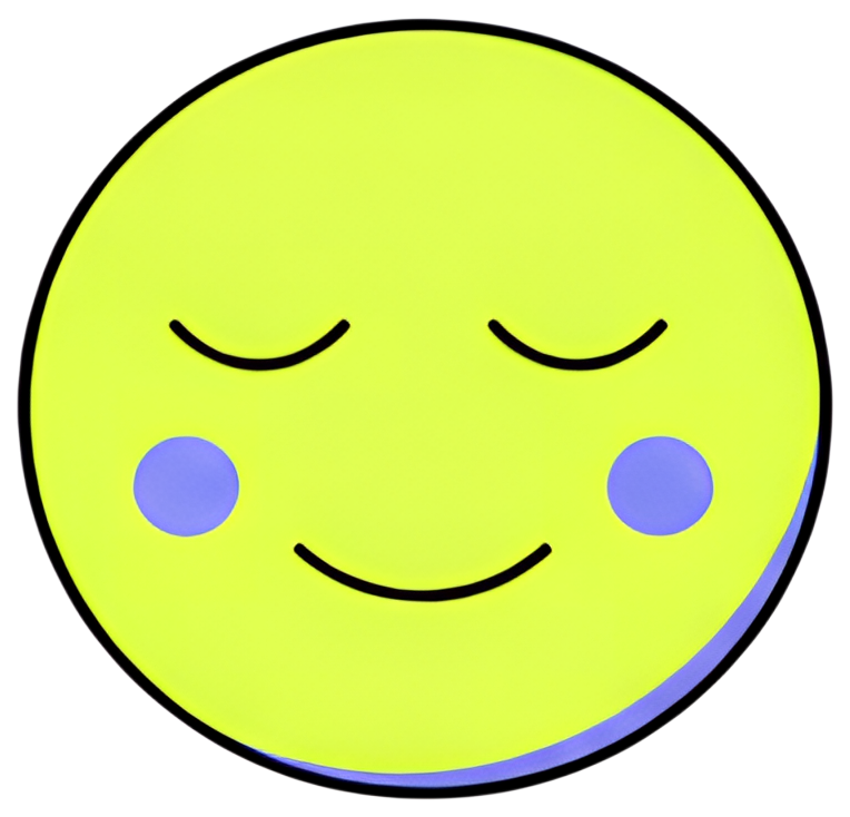 A cheerful, simplistic face with closed eyes and a gentle smile, featuring a bright yellow color. The design includes subtle purple cheeks, creating a soothing and happy expression.