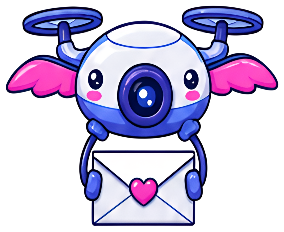 A cute, cartoon-style flying drone with small wings and a large camera eye, holding a letter in its front claws. The drone features a pastel color palette with pink accents and a heart on the envelope