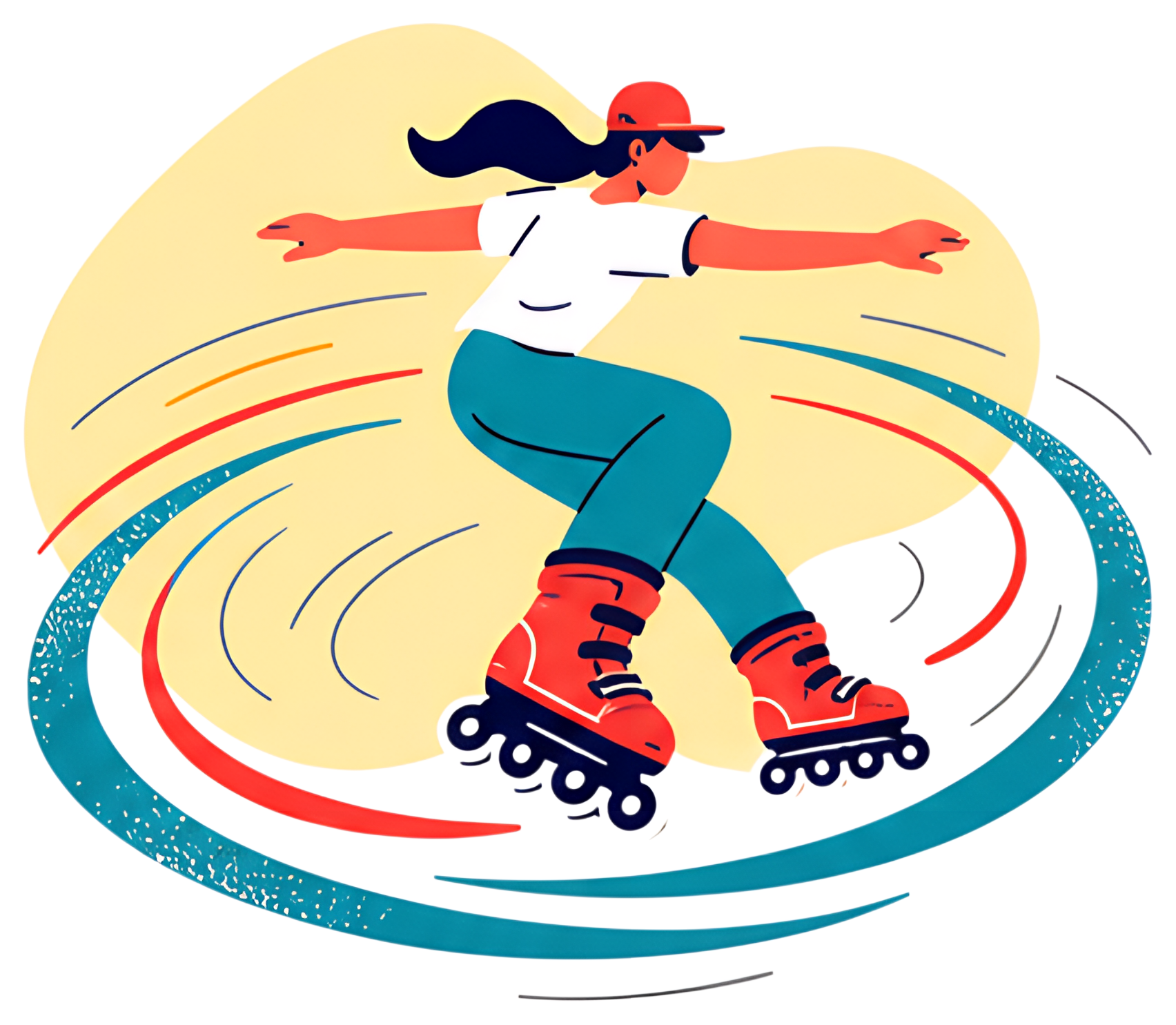 A rollerblader spins energetically, wearing a white shirt and red cap, with vibrant trails of red, teal, and orange swirling around. The composition features a light beige background, emphasizing the