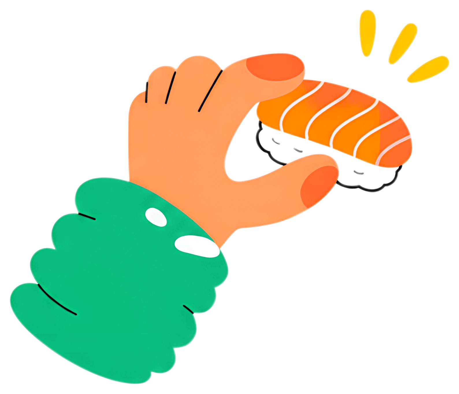 A colorful hand is shown gripping a piece of salmon sushi with vibrant orange and green tones. The sushi features a stylized design, highlighted by playful yellow rays emanating from it, set against a