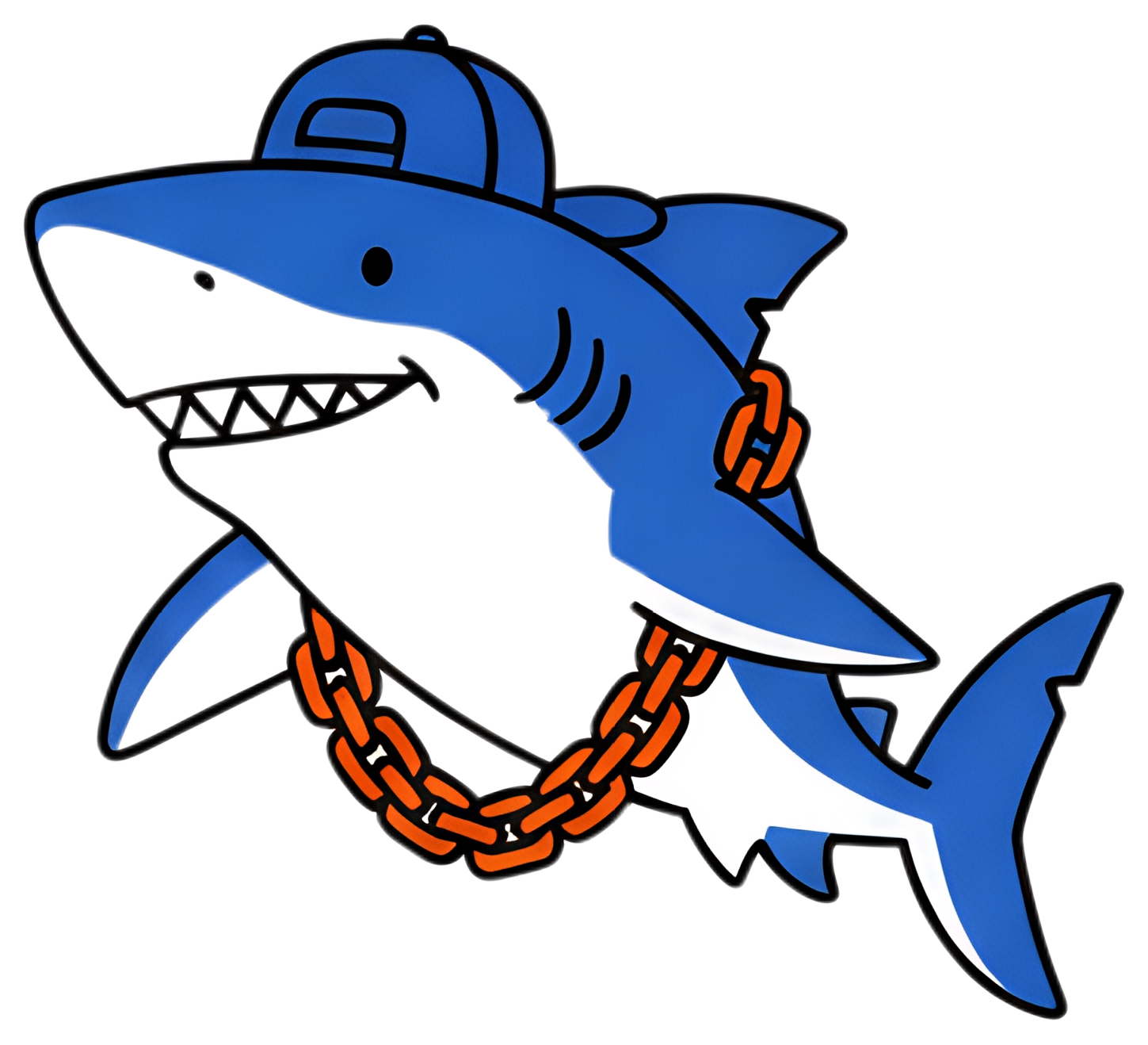 A stylized blue shark wearing a rapper's cap and an orange chain around its neck. The shark has a playful expression, featured against a transparent background, emphasizing its cartoonish design.
