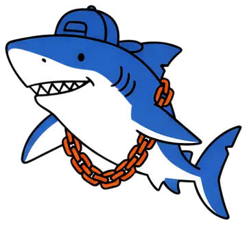 A stylized blue shark wearing a rapper's cap and an orange chain around its neck. The shark has a playful expression, featured against a transparent background, emphasizing its cartoonish design.