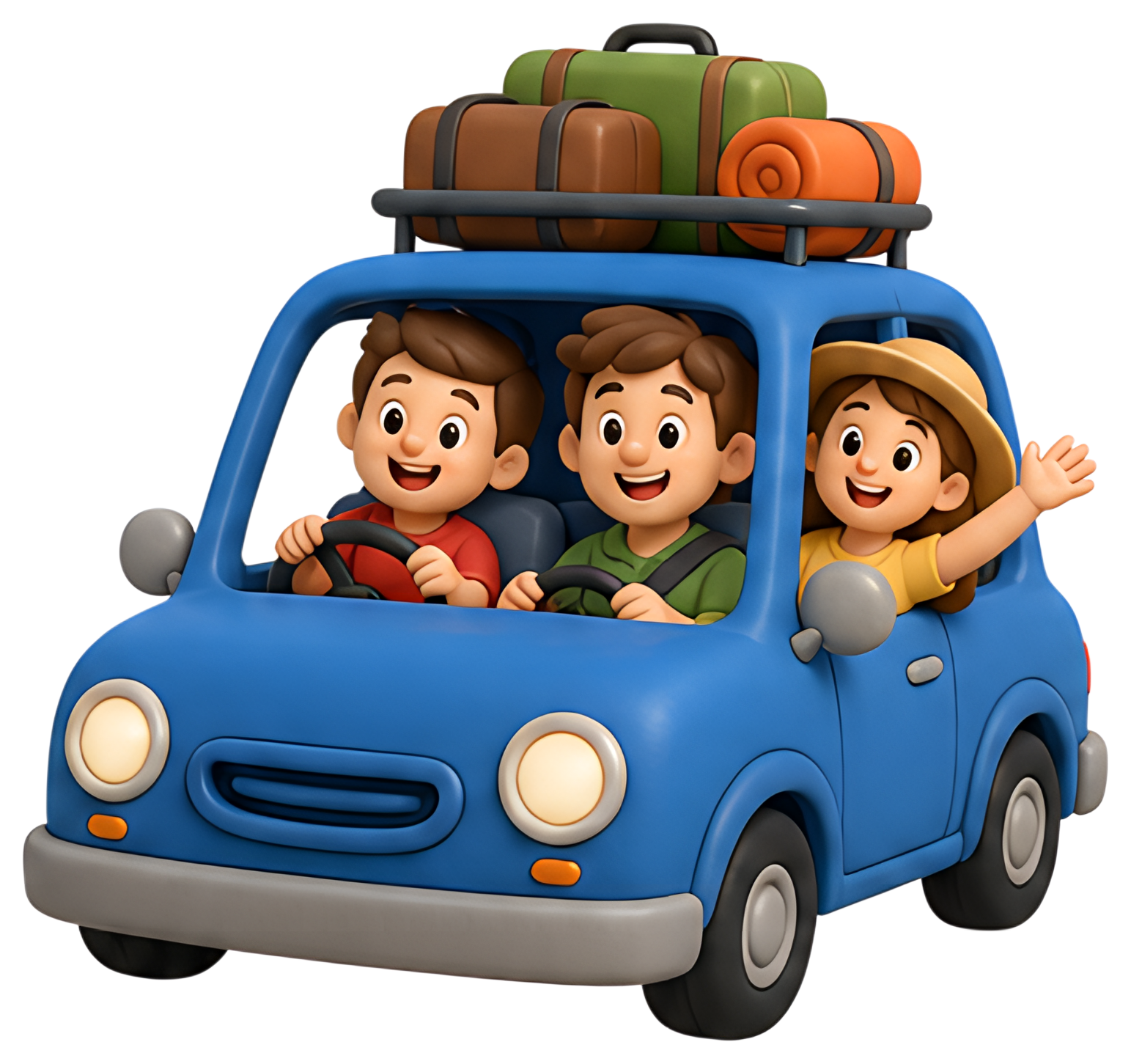 A cheerful family of three enjoys a road trip in a bright blue car, with colorful suitcases stacked on the roof. The characters are animated, with one boy steering, another smiling, and a girl waving,