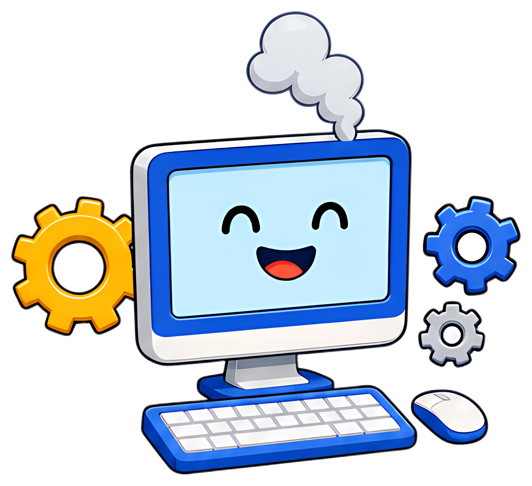 A cheerful cartoon computer features a smiling face on the screen, emitting a light puff of smoke. Surrounding it are colorful gears, including a yellow cog and blue cogs, against a white background.